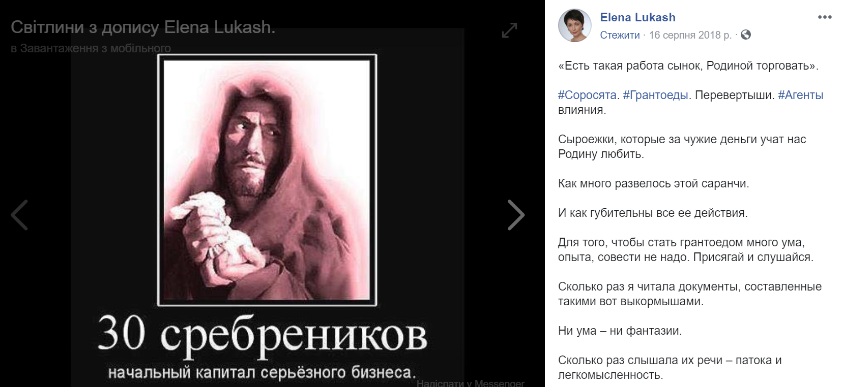 Скріншот посту на Фейсбук Олени Лукаш